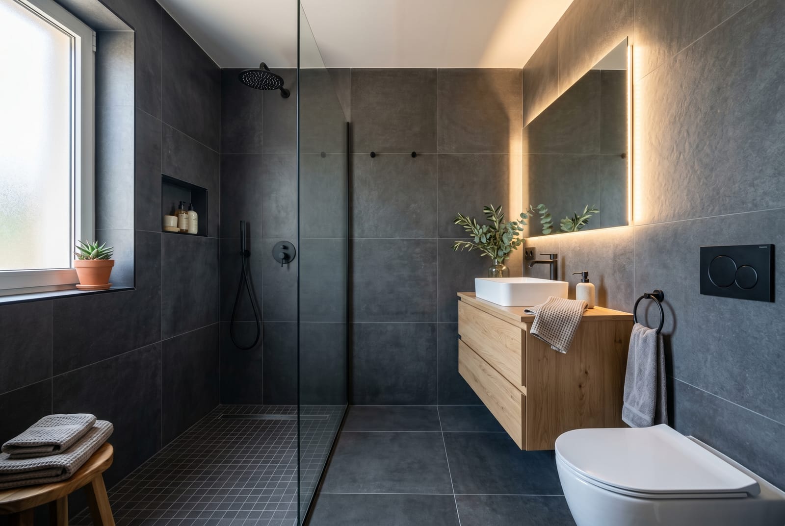 Reforma de baño en piedra y microcemento en Tenerife